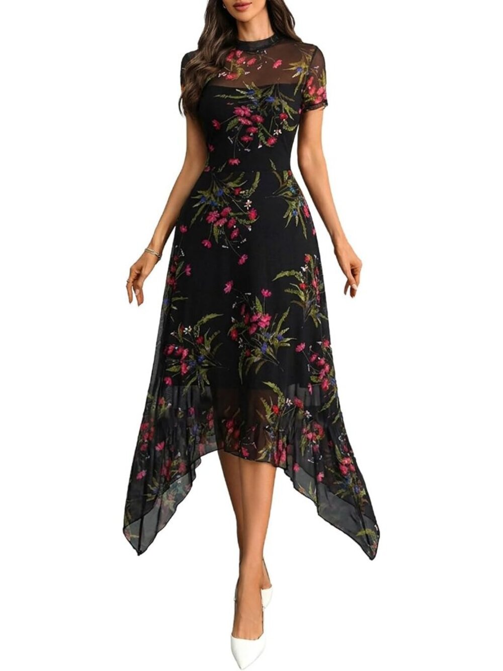 Women's Vintage Gothic Pink  Floral Mesh Midi Dress Irregular Hem Short Sleeve